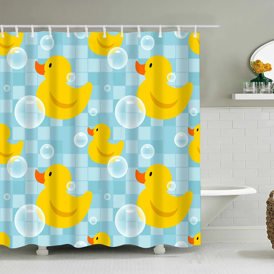 Shower Curtain Duck Cartoon Character Bath Drops Dots Cloth Fabric with Hooks