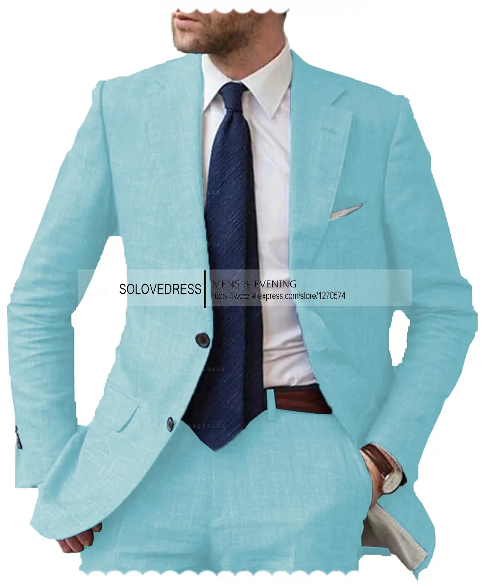 Linen Suit For Men Casual Slim Fit Vintage Suits Groomsmen Suits Wedding Summer Beach Blazer Pants Set Dusty Blue Xl