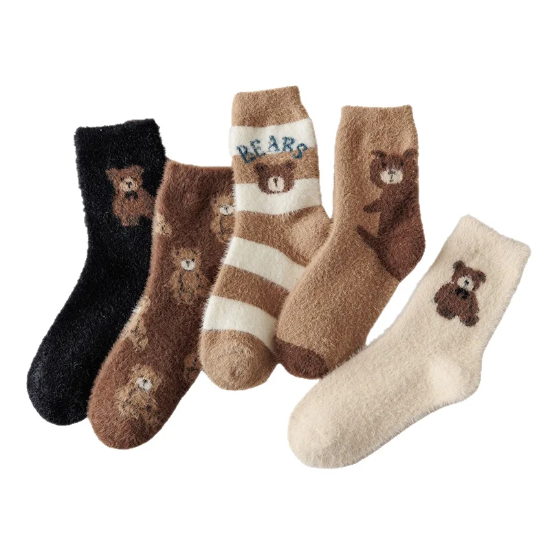 Damensocken, Cartoon-süße kleine Bären-Socken mit mittlerer Wade, verdickt für Herbst und Winter, warme Slouch-Socken aus Wolle, Socken im neuen Stil – Detail 9
