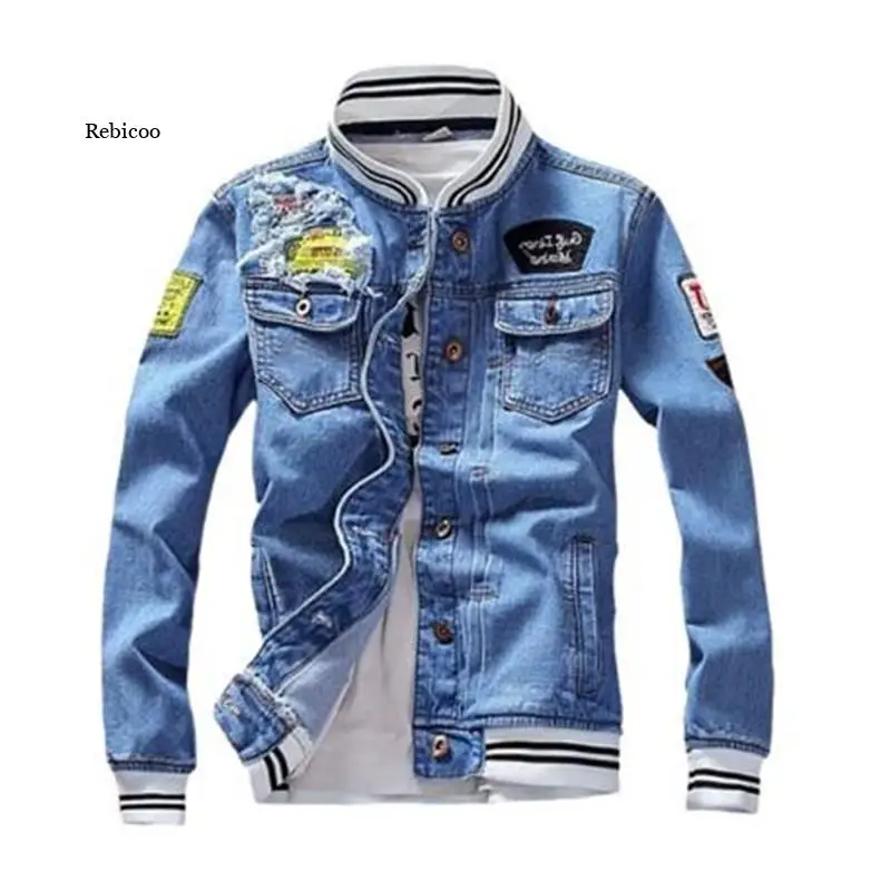 

Male Streetwear Men Loose Jean Coats Zipper New Fashion Mens Denim Jacket Spring Casual Slim Fit Stand Collar Pilot Jackets