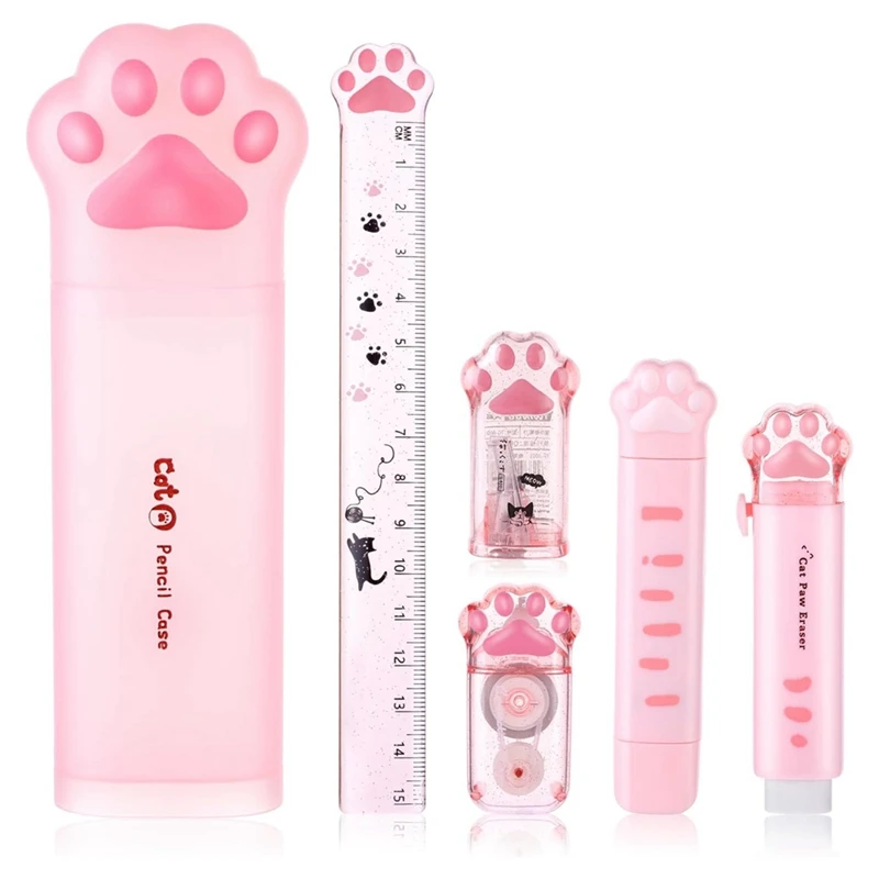 

Cute Cat Paw Stationery Set, 6 Pcs Kawaii Cat Stationary Kit Pencil Sharpener Retractable Eraser Correction Tape Ruler Durable