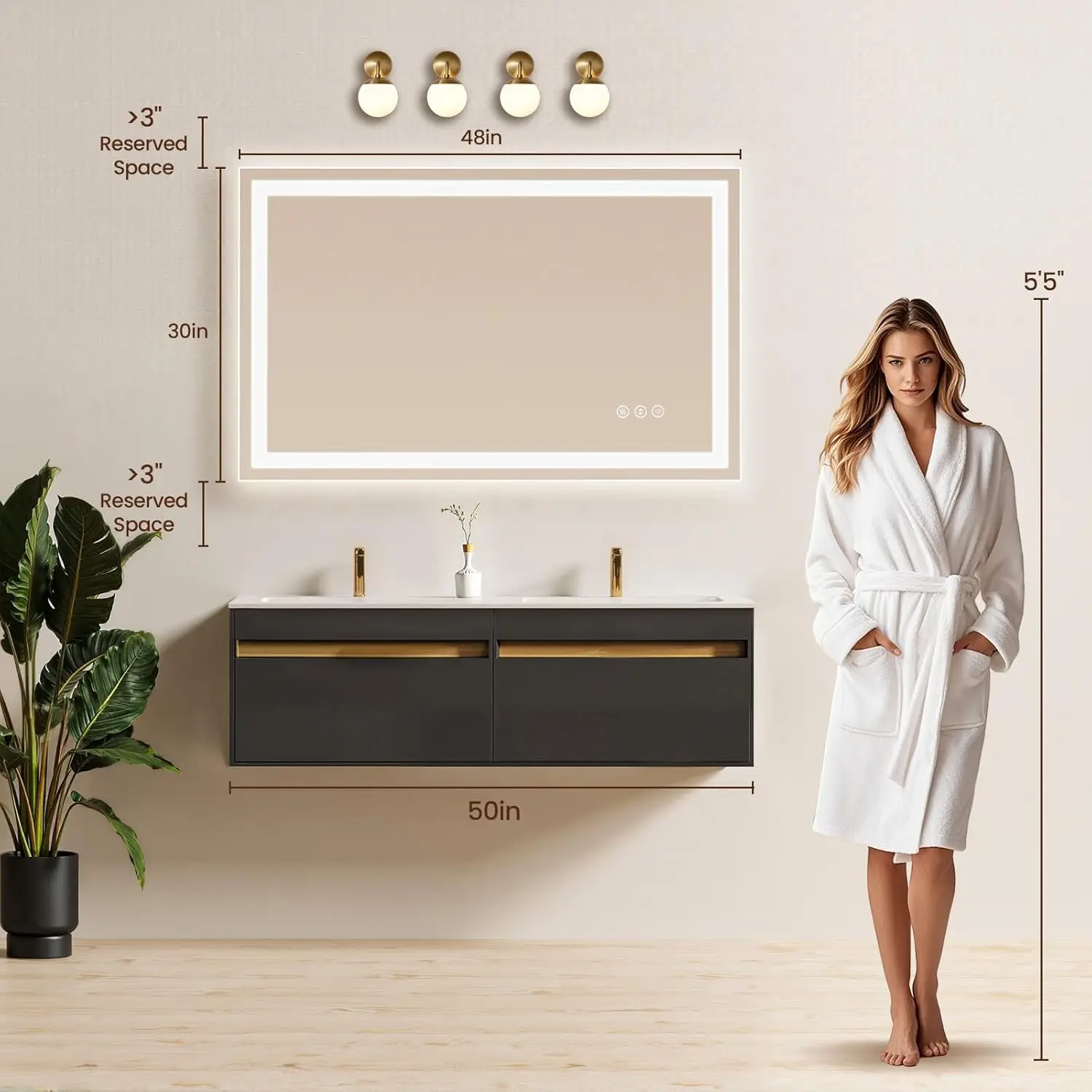 48X30 LED Bathroom Mirror with Lights, Anti-Fog, Backlit + Front Lit, Lighted Bathroom Vanity Mirror for Wall, Memory Function,