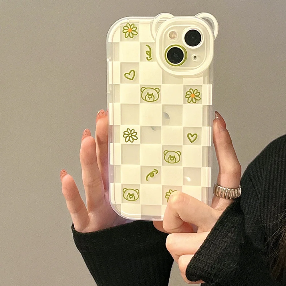 Hot selling Instagram Bear Flower Phone Case iPhone 15 Transparent Case 14 Pro Girl 13 Soft Case iPhone 11
