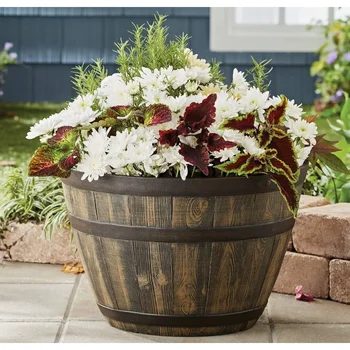 Rustic Whiskey Barrel Planter UV Resistant Brown Plastic Drainage Holes Suitable Indoor Outdoor Gardening Durable Flower Pot 6