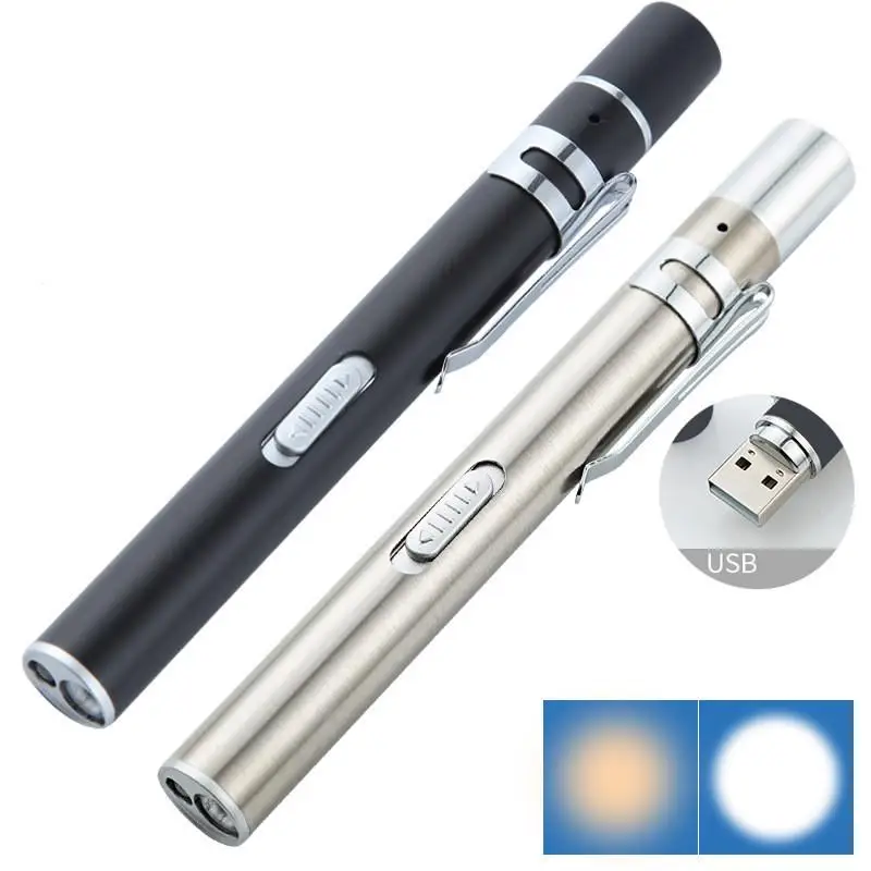 

Portable Dual Light Source LED Stainless Steel Medical Nursing Penlight Flashlight USB Built-in Rechargeable for Student Doctors
