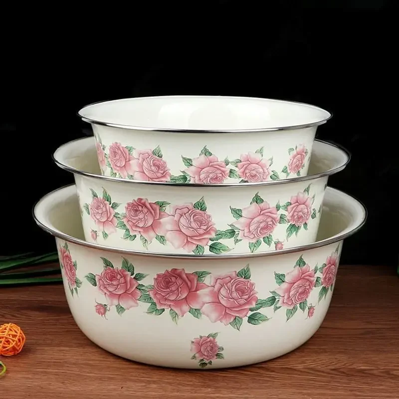 Thick Enamel Basin 3 Pieces Flavor Bucket Face Basin Oil Vegetable Washing Deep Filling Gas Induction Cooker