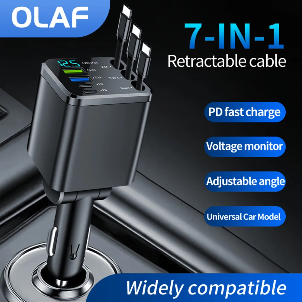 Olaf 7 en 1 cargador de coche retráctil 3 puertos tipo C cargador de coche USB carga rápida para IPhone 12 15 16 Samsung USB C a ios Cable