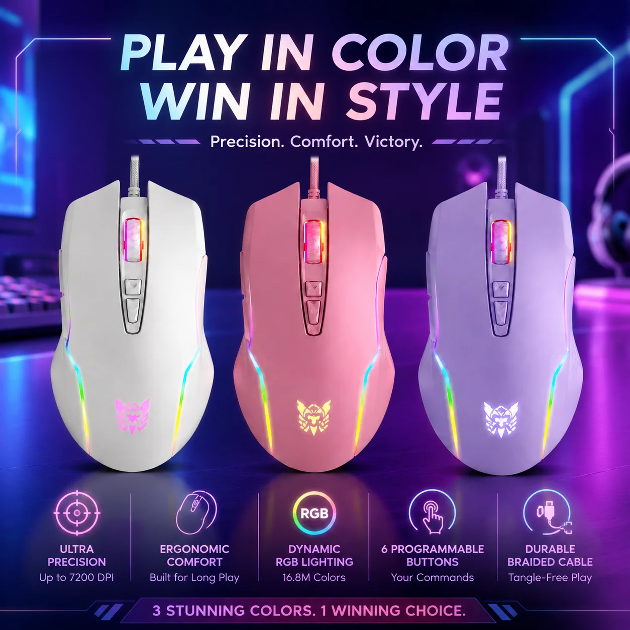 Mouse Ottico da Gaming RGB Colorato a 7 Pulsanti 6400DPI, Mouse Ergonomico Cablato Retroilluminato per Computer, Laptop, Desktop e Accessori PC - immagine 6