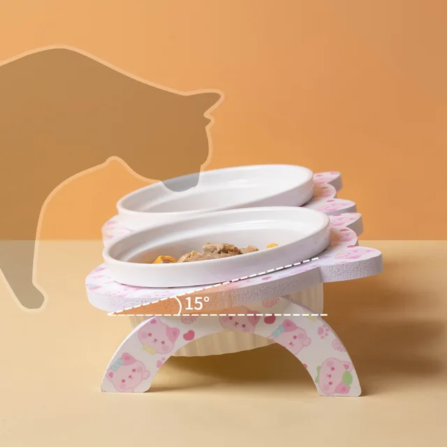 3pcs/set (1pc rack + 2pcs bowl) Non-Slip Ceramic Double Pet Food Bowl for Cats and Dogs - Prevents Spills and Slips 4