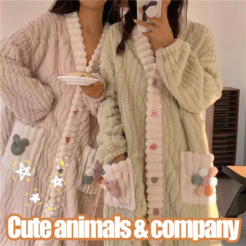 

Халаты Женские однотонные однобортные, толстая свободная зимняя теплая Домашняя одежда, простая Удобная гостиная, популярный колледж с V-образным вырезом, уютная