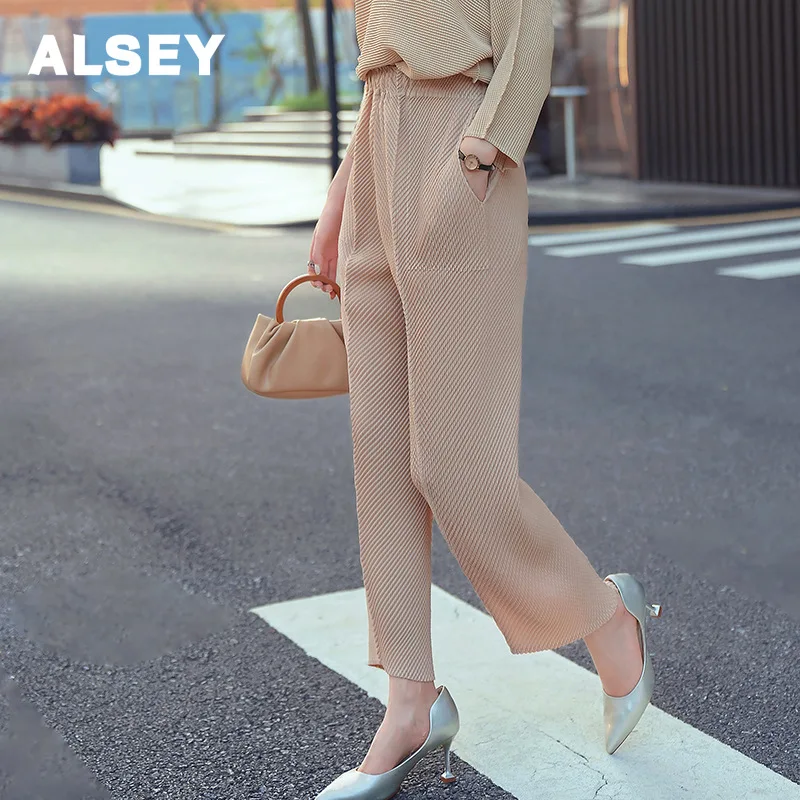 

Брюки ALSEY Miyake женские плиссированные, корейские прямые повседневные свободные штаны с завышенной талией, стандартные, осень