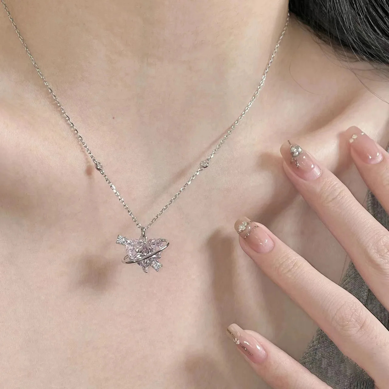 Kpop Love Heart Silver Necklace For Women Elegant Fashion Punk Party Pendant Chain Birthday Gift Sweet Accessories Charm Jewelry