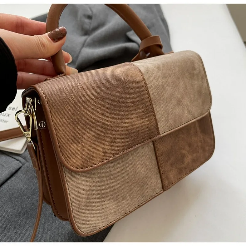 Women Handbag Crossbody Bag PU Leather Color Blocking Design Denim Surface Fashion Ladies Top-Handle Commuter Tote Girl Purses