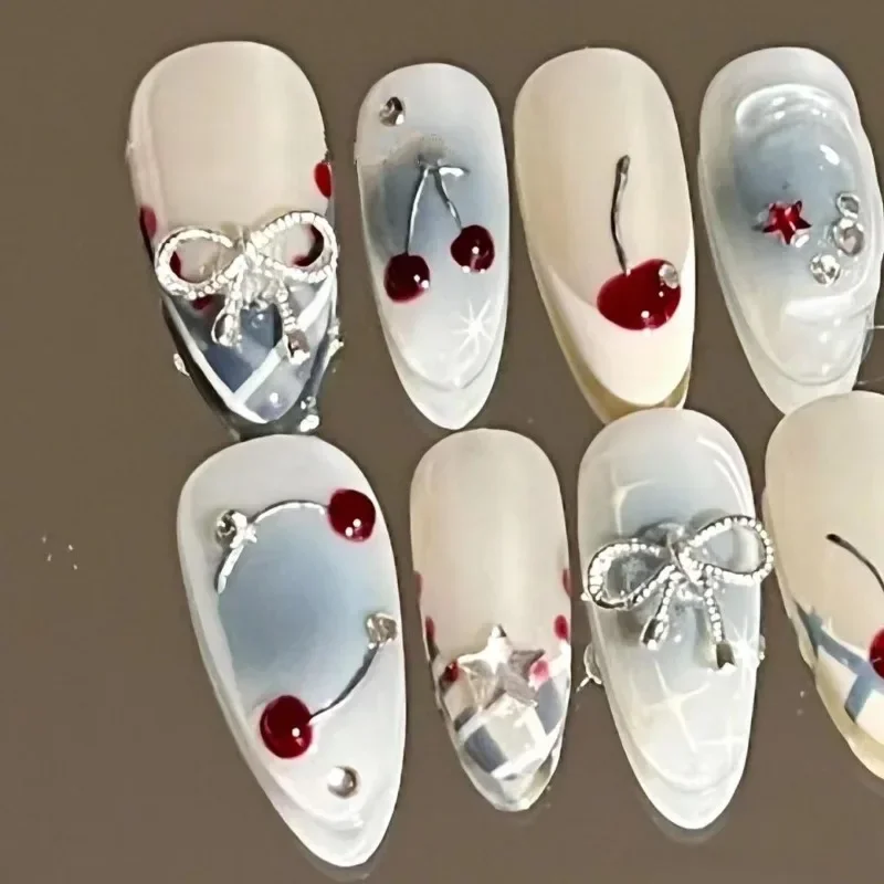 Handcrafted French Almond Press-On Nails – Cherry & Bow Design