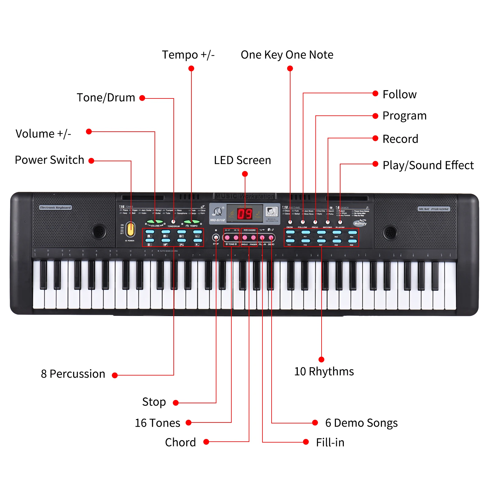 61 Keys USB Kids Electric Piano with Mic Digital LED Display Built-in Dual Stereo Speakers with 16 Tones 10 Rhythms 6 Demo Songs