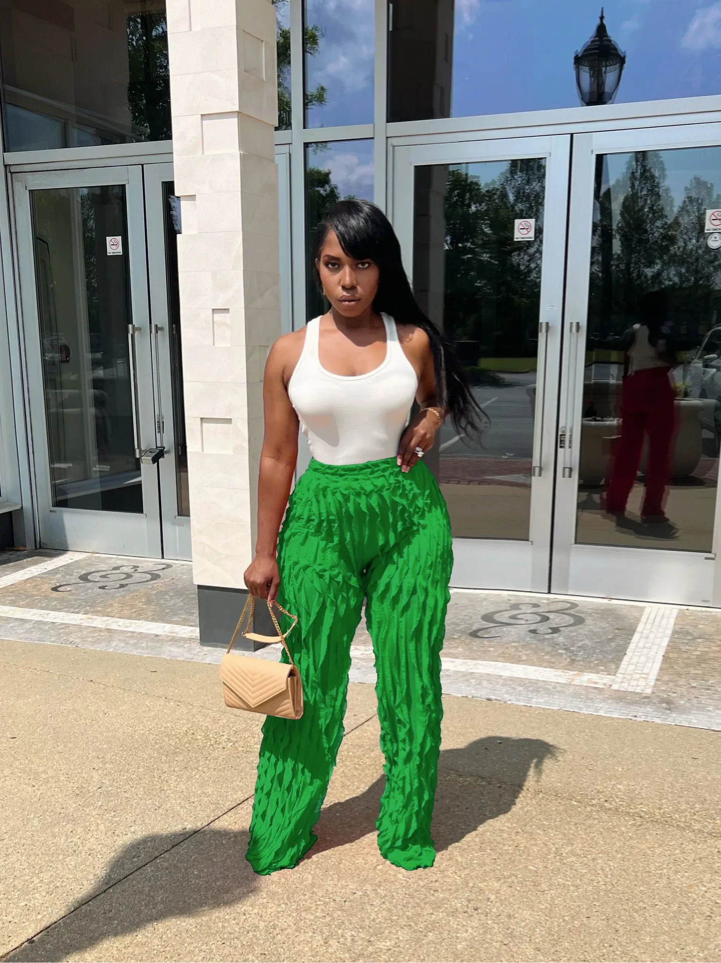 2024 New Women Wave Ruffles Splicing Wide Leg Pants Fashion Autumn Streetwear See Though Trousers Women Clothing