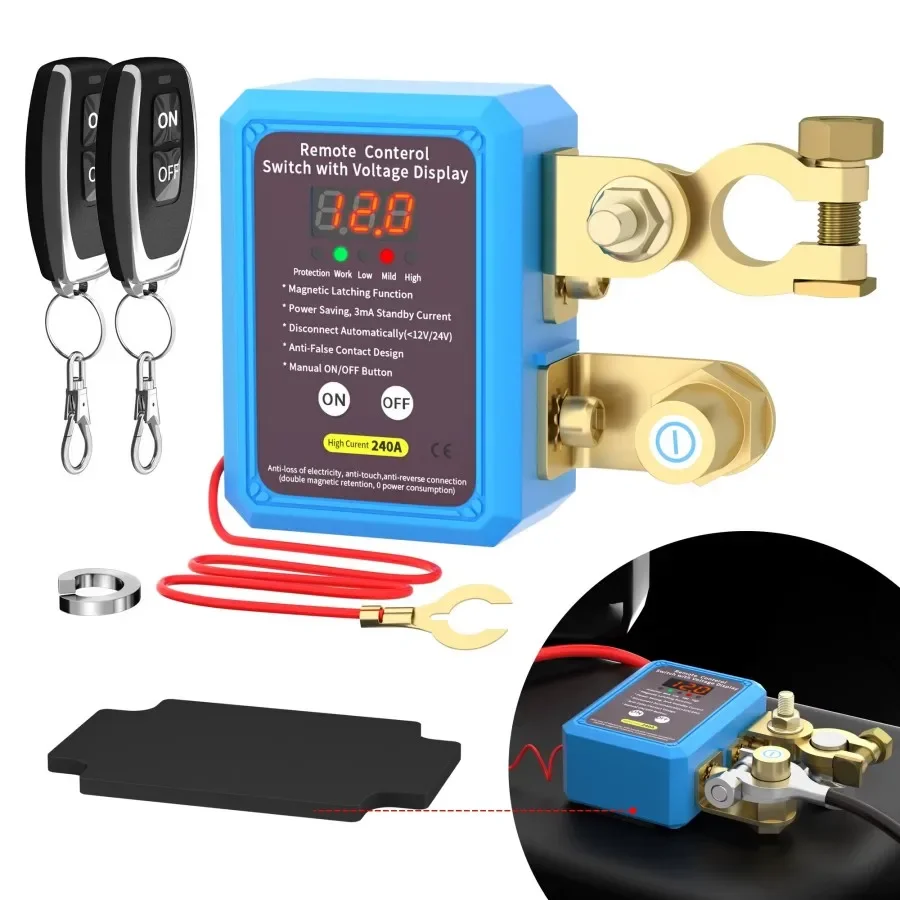 Auto Battery Master Switch 240A Kill Switch 12V Remote Battery Disconnect with Led Voltage Display Automatic with Remote