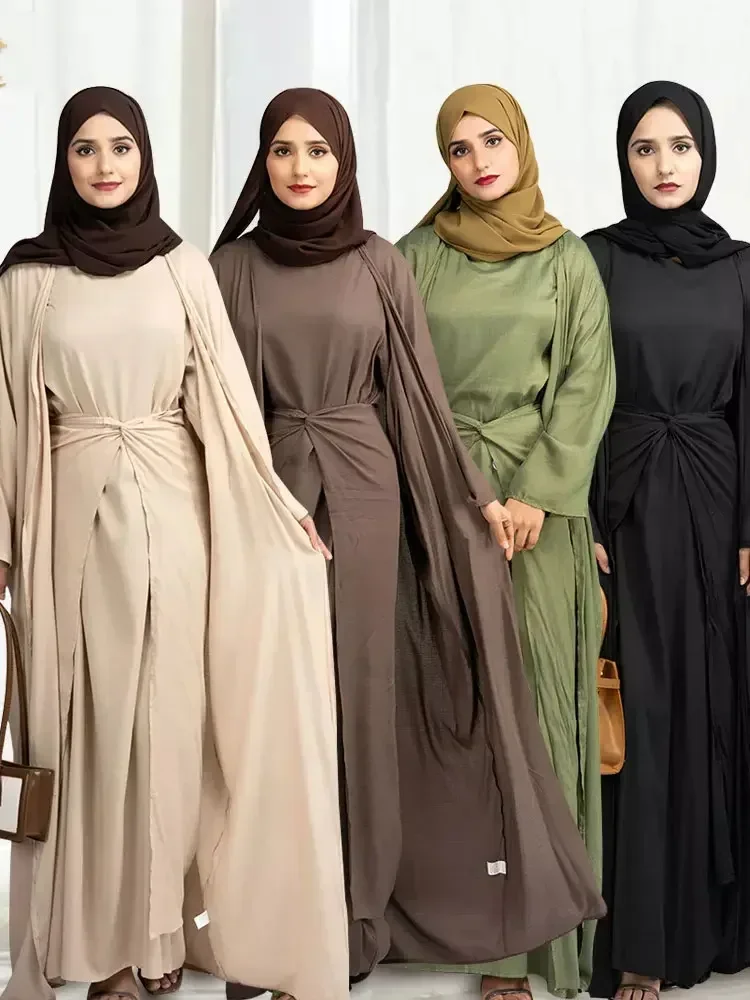 3 Pieces Abaya Kimono Set Matching Muslim Suit Linen Abayas for Women Dubai Turkey Hijab Dress+Wrap Skirt Islamic Modest Outfit