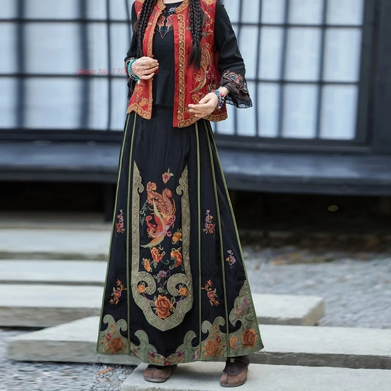chinese satin jacquard skirt national flower embroidery ethnic skirt oriental improved a-line elastic waist folk