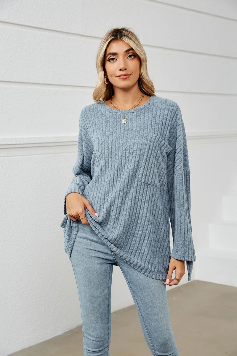 

Womens T-shirt Pullovers Wholesale Batwing Long Sleeve Sweaters Loose Tops Ribbed Knitted Peach Finish Pockets Tee Fashion 2023