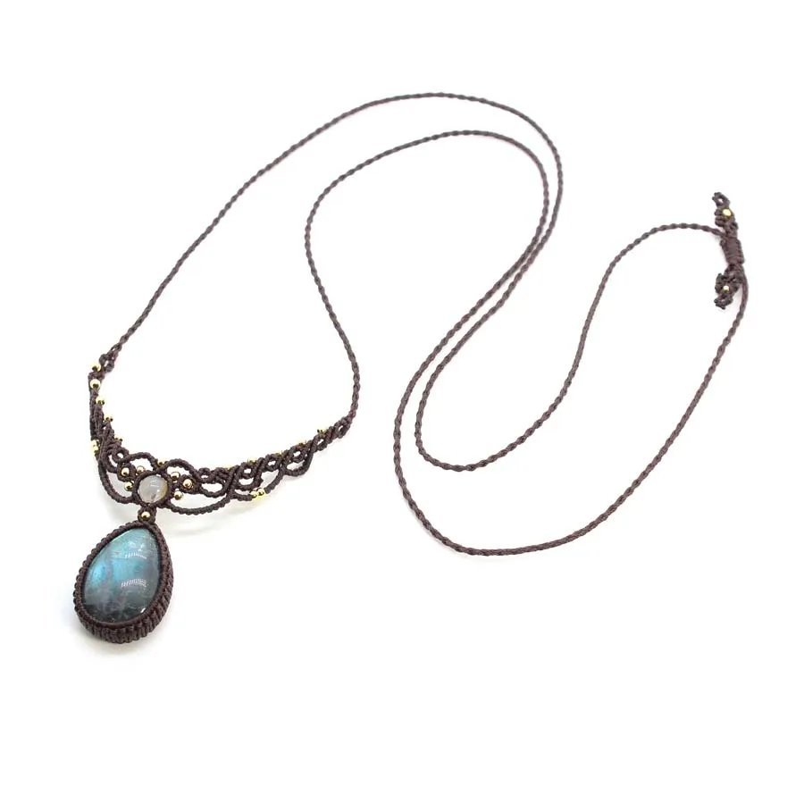Handmade Rope Braided Macrame Crystal Stone Pendant Necklace For Women Natural Labradorite Weave Adjustable Necklace Jewellery 2