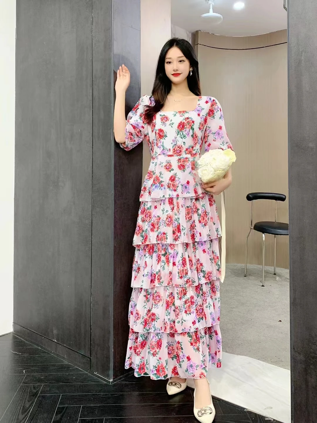 シフォン Vネック パフスリーブ ワンピース ミドル丈 韓国 173580442_o26.png?