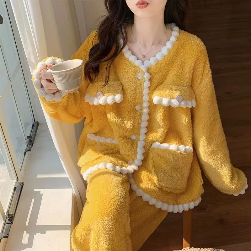 

Autumn Winter Pajama Sets For Women Thicken Warm Coral Fleece Sleepwear V-Neck Flannel 2-Piece Set Sweet Homewear 2022