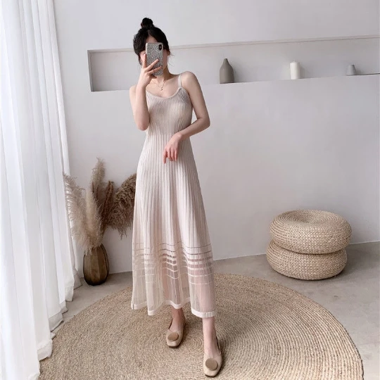 

Beige Knit Lady Women Dress Low Neck Tight Brace Sleeveless Knitting Camisole Woman Dresses Summer Suspenders Cloth Vestido