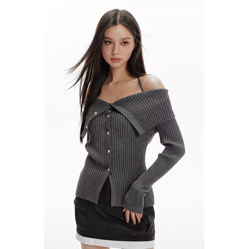 Y2k Vintage Off Shoulder Knit Sweater Women Slim Long Sleeve Halter Cardigan Spring Autumn Harajuku Aesthetic Korean Fashion