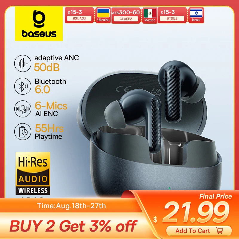 Baseus EP10 Pro ANC Earbuds Wireless Bluetooth 6.0 Earphones 50dB Realtime Adaptive Headphones 6 Mic Hi-Res LDAC IP55  Ear buds