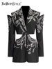TWOTWINSTYLE Solid Spliced Diamonds Chic Blazers For Women Notched Collar Long Sleeve Patchwork Button Designer Coat Female New 1