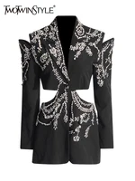 TWOTWINSTYLE Solid Spliced Diamonds Chic Blazers For Women Notched Collar Long Sleeve Patchwork Button Designer Coat Female New 1