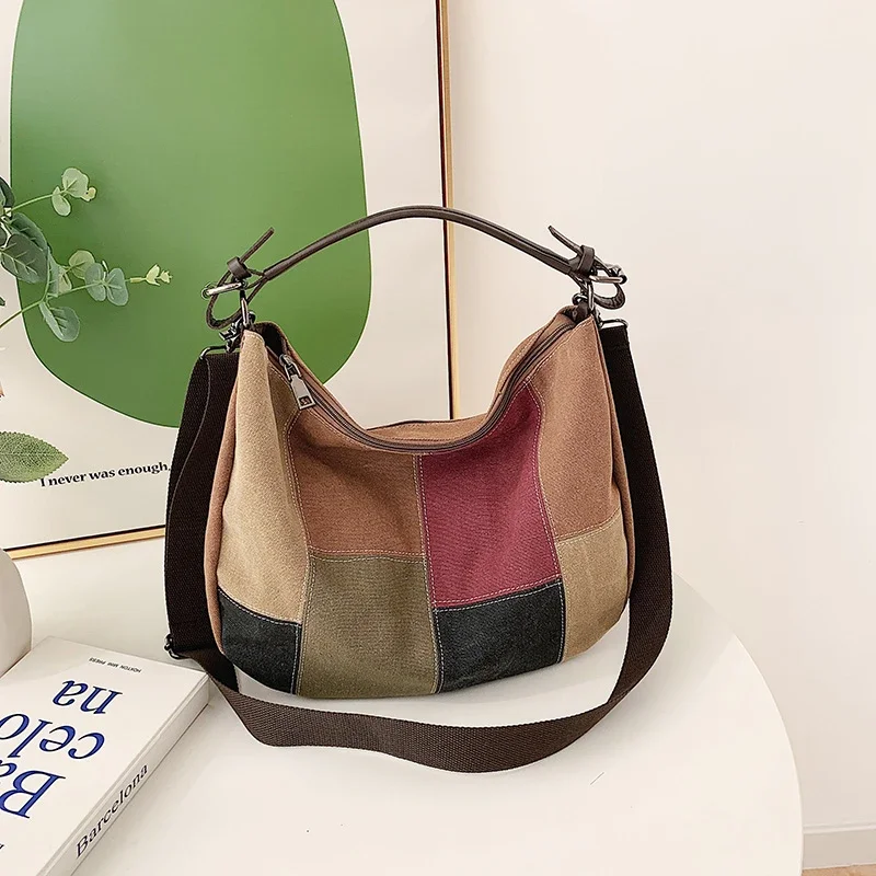 

Free shipping canvas patchwork women's bag, fashionable and casual style, shoulder bag, versatile, large capacity crossbody bag