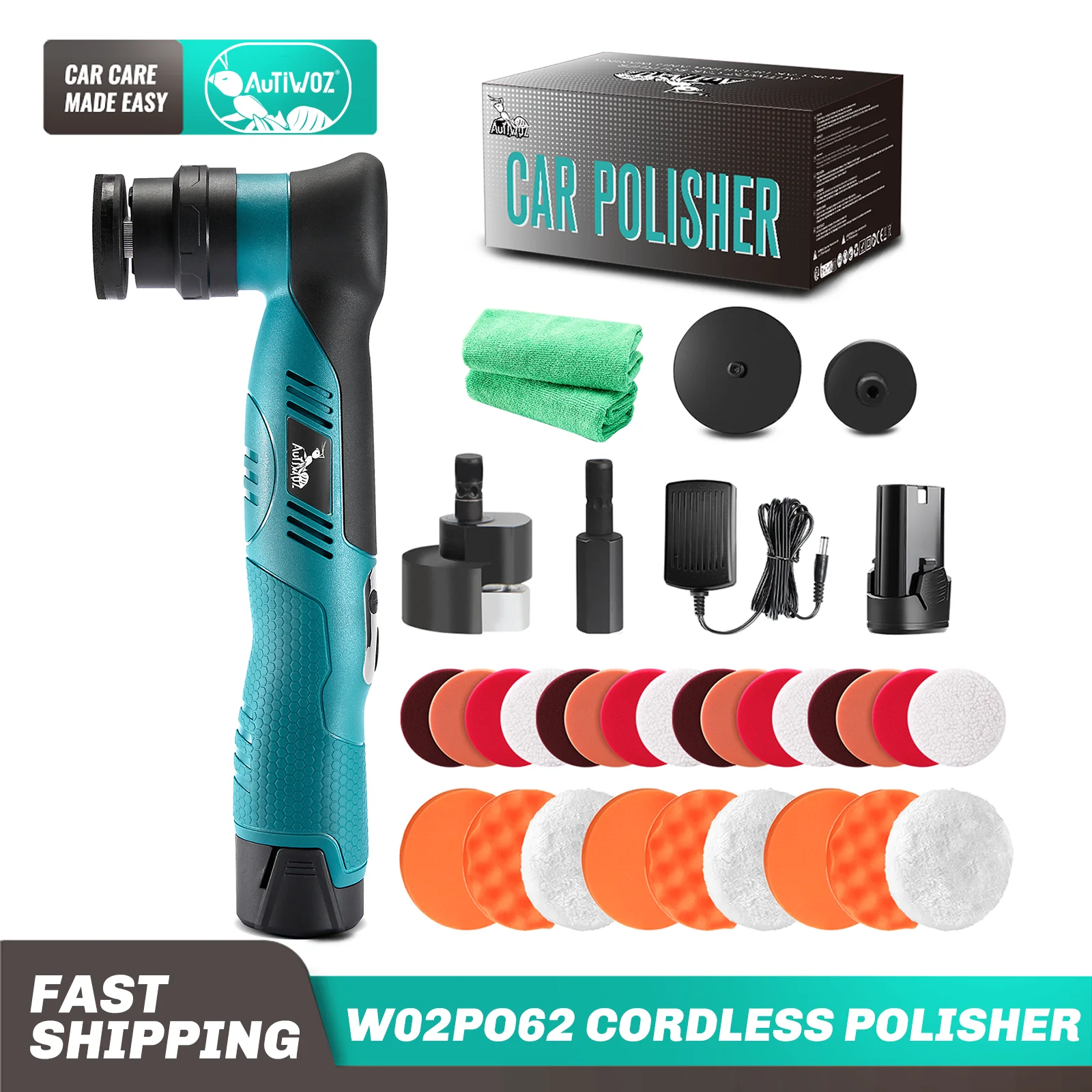 AUTIWOZ W02PO62 12V Cordless Car Polisher Mini Wireless Polishing Machine with Variable Speed Dual Action Detailing Pads Car Polisher