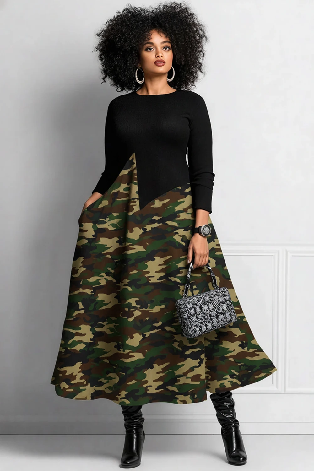 Plus Size Daily Black Camo Round Neck Long Sleeve Pocket Elegant Midi Dresses