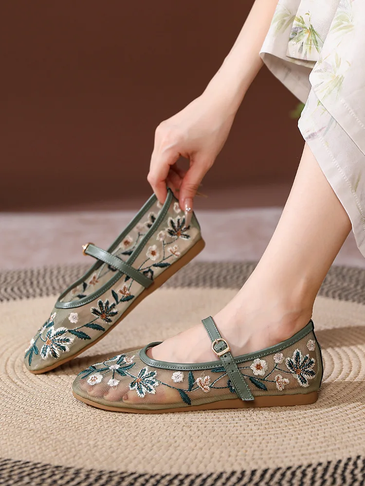 Floral Embroider Mesh Mary Janes Shoes Women Trasparent Elegant Flats Shoes Ladies Casual Summer Breathable Loafers Footwear 2
