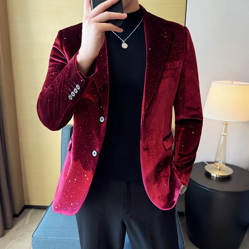 Men Suit Jacket Autumn Velvet Blazer Business Fashion Printed Suit