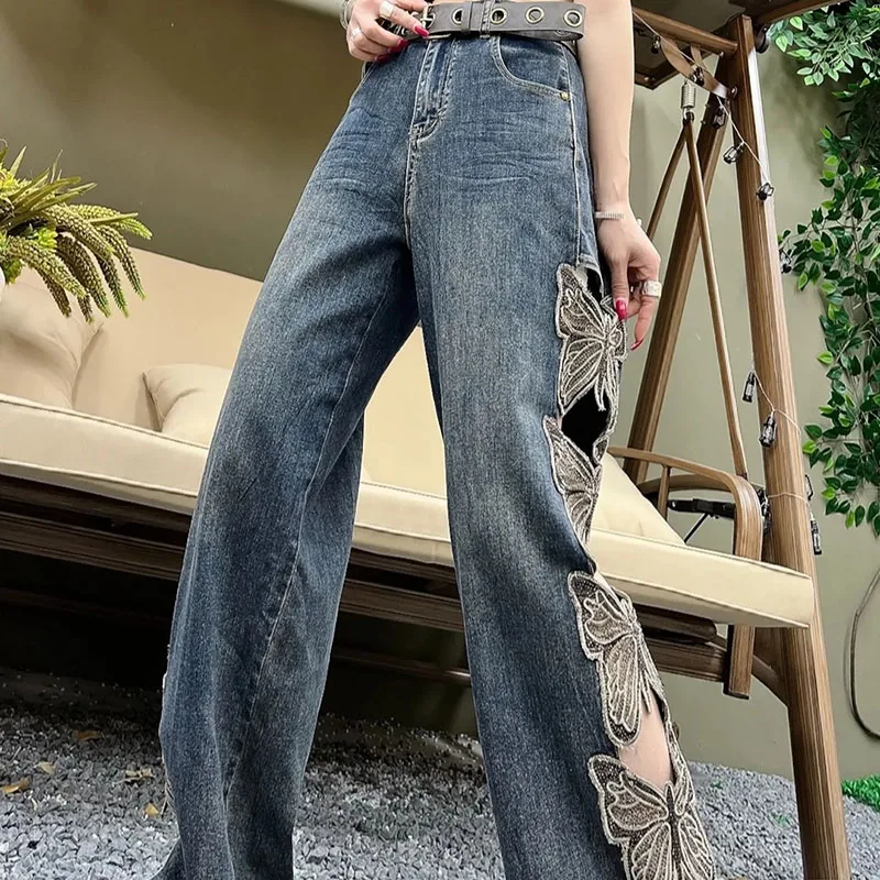 Summer New Butterfly Embroidered Wide Leg Jeans For Women High Waisted Ripped Denim Pants Vintage Casual Straight Leg Trousers
