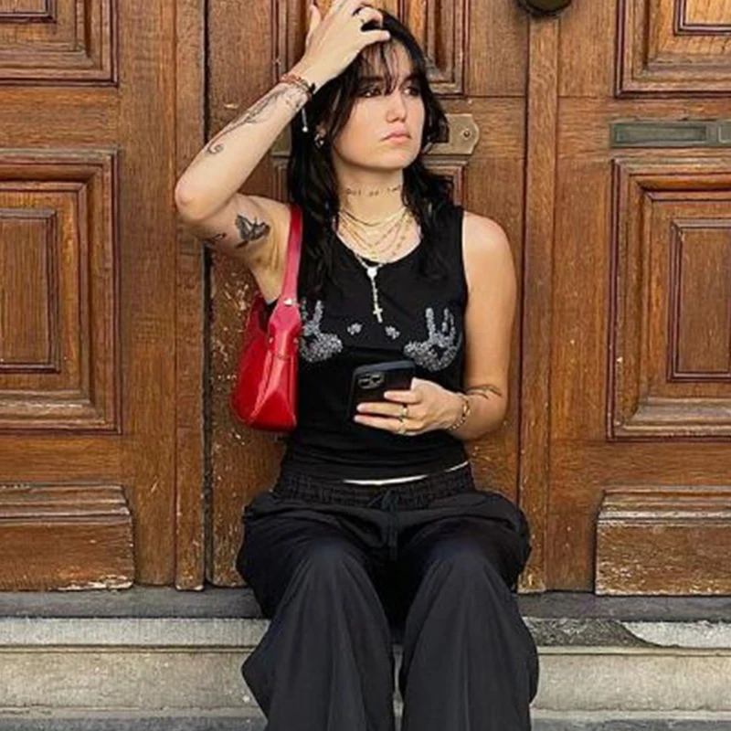 Camiseta sin mangas de verano para mujer, estilo europeo y americano, con cuello redondo y diamantes, sin mangas y abertura en el ombligo, ajustada, estilo Y2K