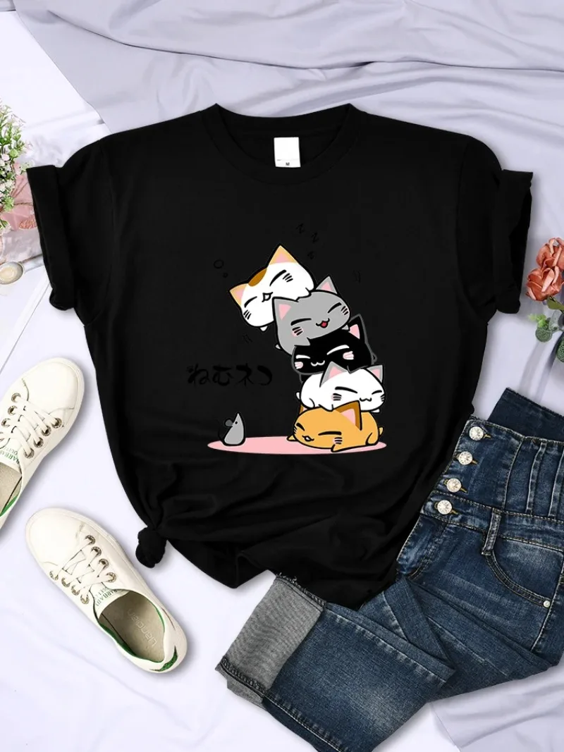 

Women T-Shirt Comfortable Soft Tops Creativity Fashion Womans Tee Clothing Cute Stacked Cats Sleeping Don'T See The Mouse Print