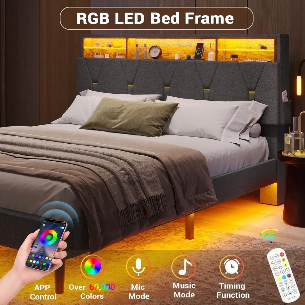 Queen Bed Frame with USB Ports & Outlets LED Shelf Storage Headboard Upholstered Platform LED Lights bed frame