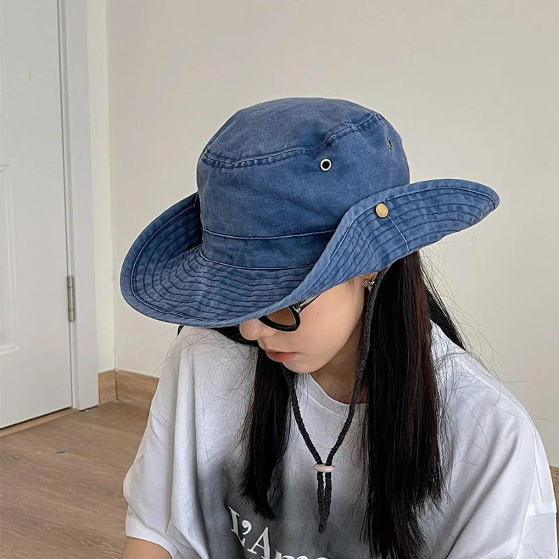 Chapeau en denim rétro délavé pour femmes et hommes, casquette de plage simple et respirante, chapeaux de pêche dans la jungle ander, nouveauté, été, E27