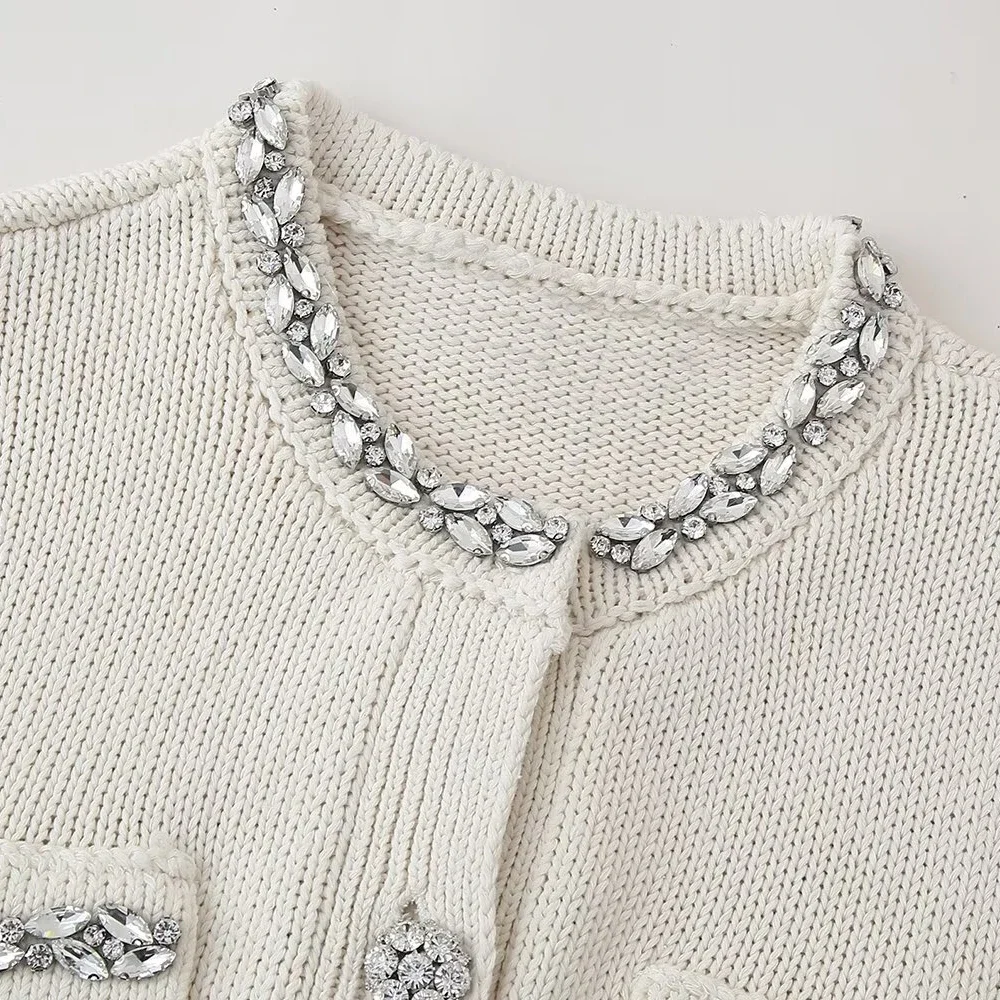Women Fashion Autumn New Long Sleeved Jewelry Buttons Round Neck Knitted Sweater Cardigan Chic Female Knit Coat Mujer 4