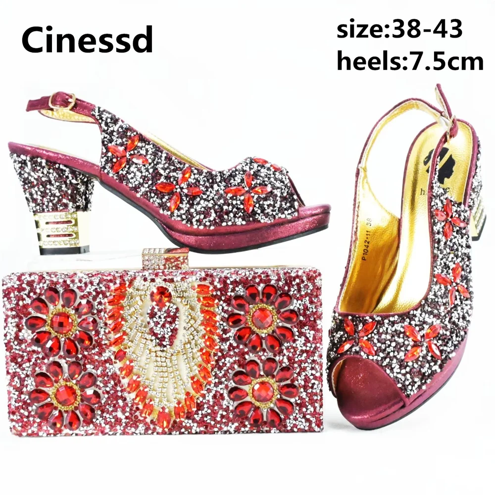 

2023 Style African Women Shoes Matching Bag Set in Red Color High Quality New Design with Full Crystal for Good Dress
