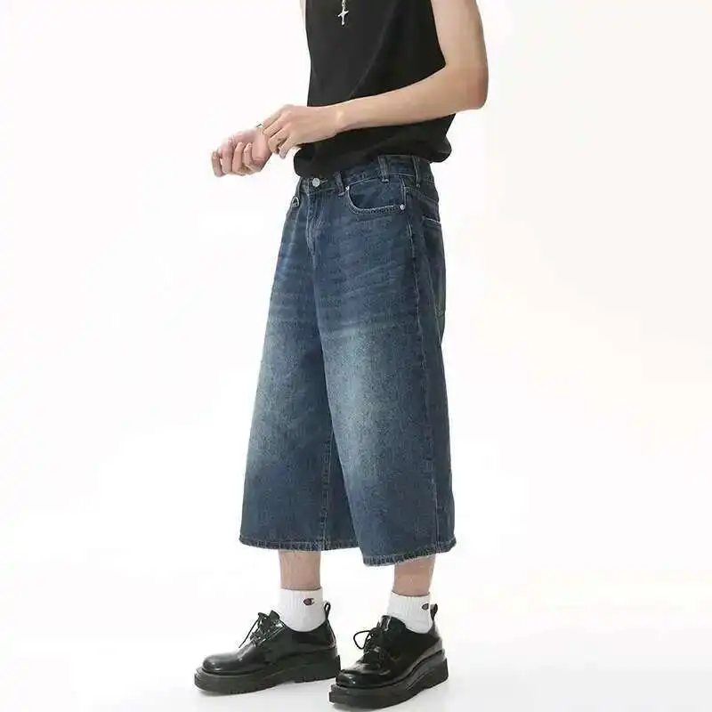 Vintage Korean Style Wide Leg Denim Shorts for Men - Washed Fashion Summer Jeans