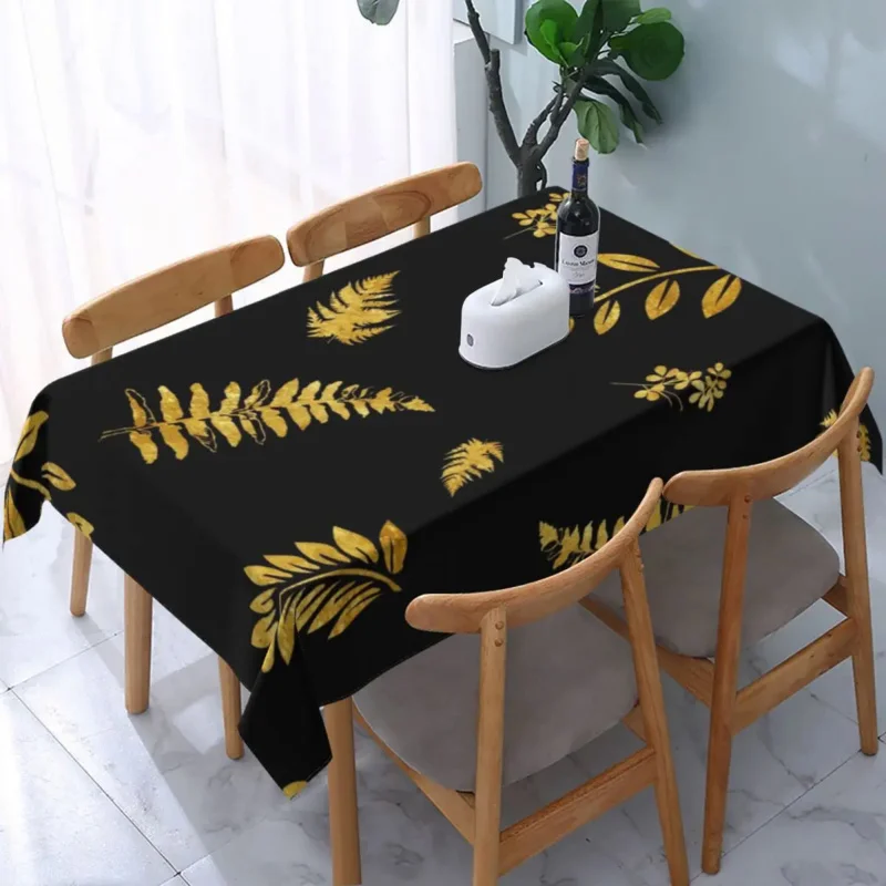 

Black Gold Fern Leafs Pattern Tablecloth Rectangular Elastic Fitted Waterproof Table Cover Cloth for Banquet