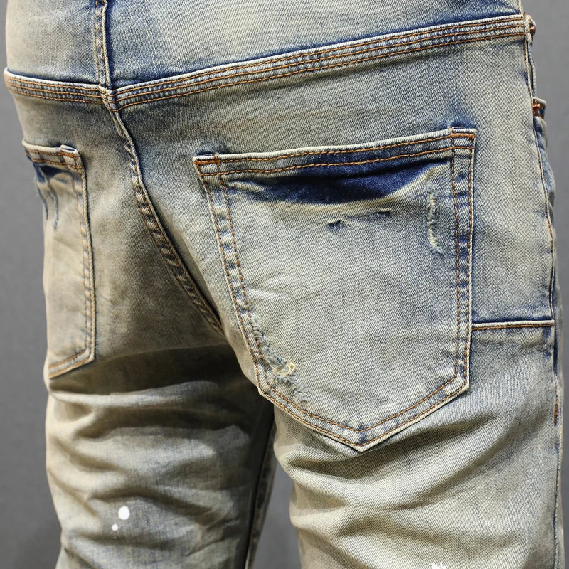 High Street Fashion Men Jeans Retro Washed Blue Stretch Skinny Fit Painted Ripped Jeans Men Patched Designer Hip Hop Brand Pants