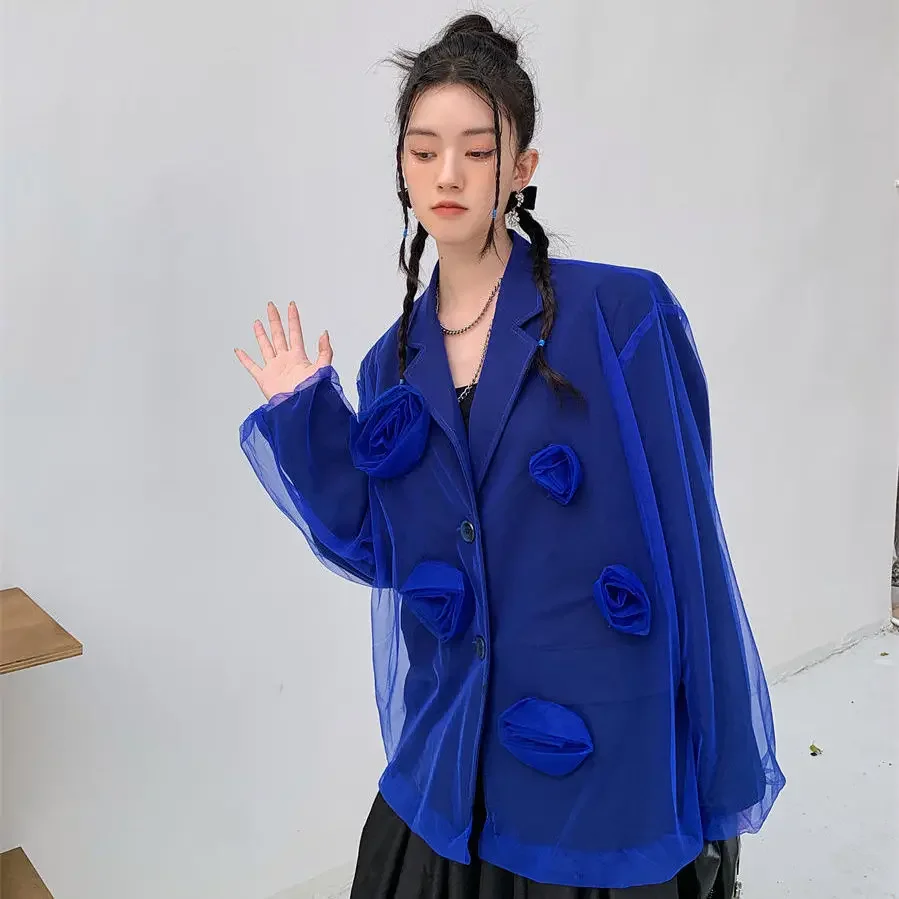 

Luxury Woman 3D Flowers Mesh Suits Jacket Female Spring Roses Blazers Coat OL Gauze Stitching Cardigan Organza Jumpers Tops