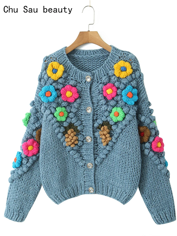 

Chu Sau beauty 2023 Women Autumn Fashion Sweet Handmade Crochet Floral Knitted Cardigans Vintage Long Sleeve Loose Sweaters