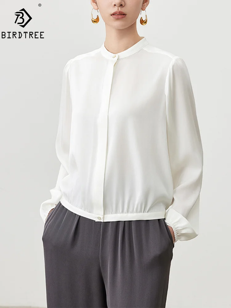 

Элегантная рубашка BirdTree из 90% натурального шелка, женская модная Повседневная блузка OL с длинным рукавом и воротником-стойкой, новинка весны-лета 2024, T45671QM